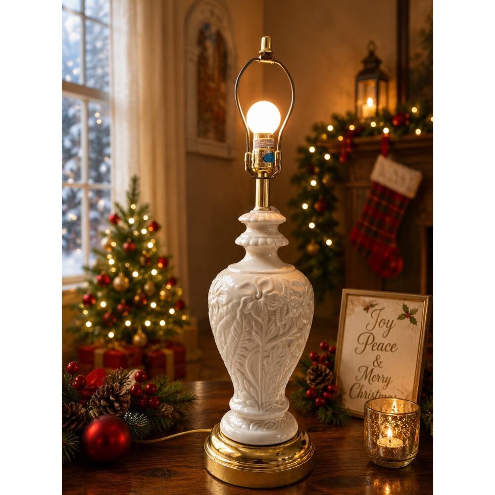 vintage table lamp is a Paul Hanson style ceramic piece featuring a raised iris